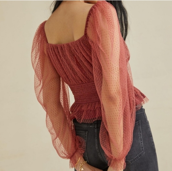 NWT Anthropologie Burgundy Tulle V-neck Sheer Sleeve Blouse Medium - Picture 3 of 10